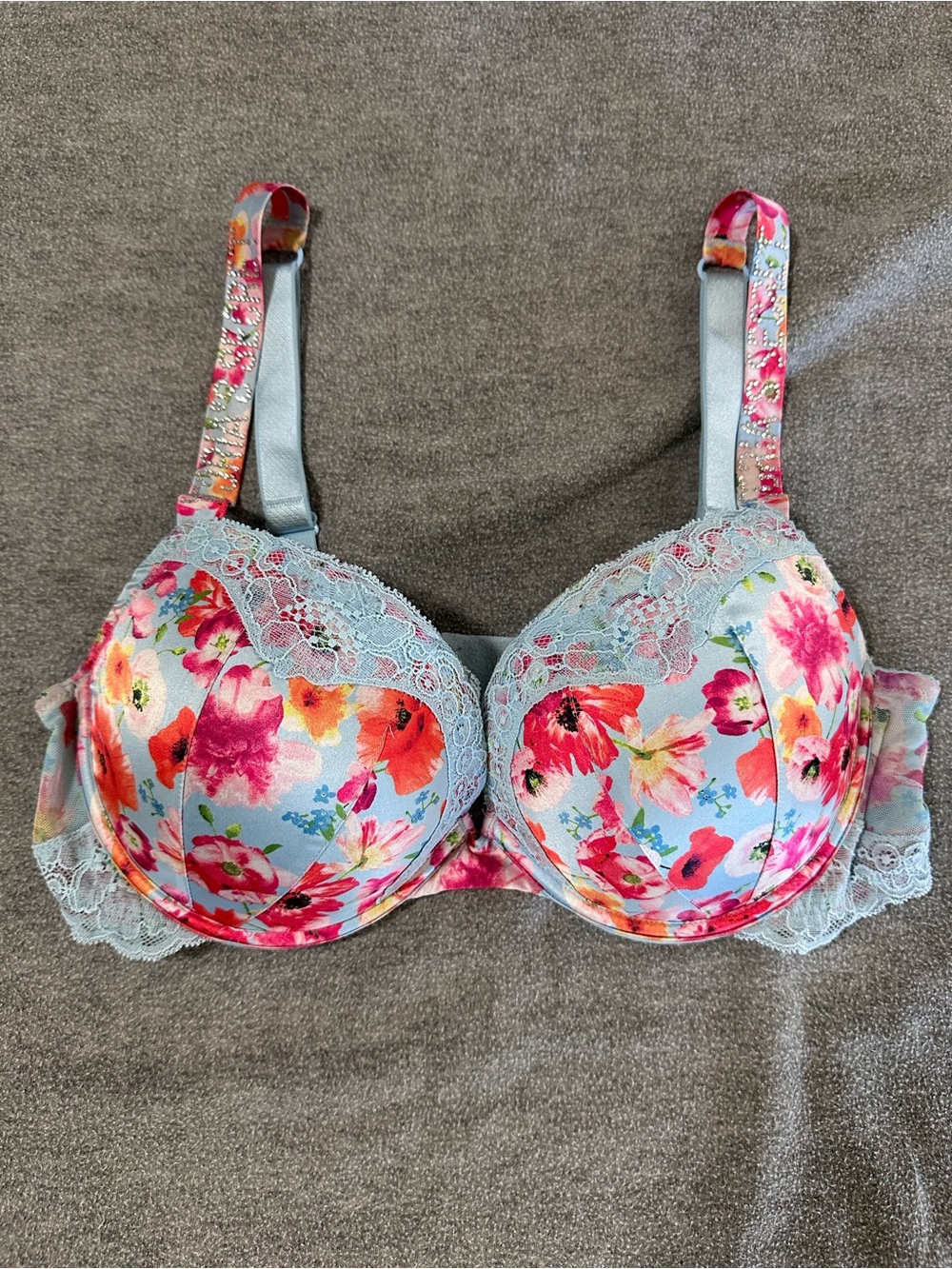 Victoria’s Secret Floral Push-Up Bra Light Blue Lace Print Size 36C